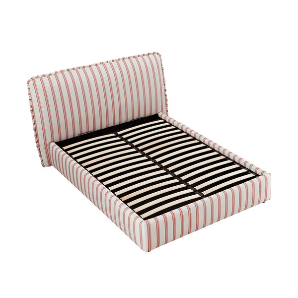 Celeste Upholstered Storage Bed with Ruffled Headboard, Peony Red Stripe - daals
