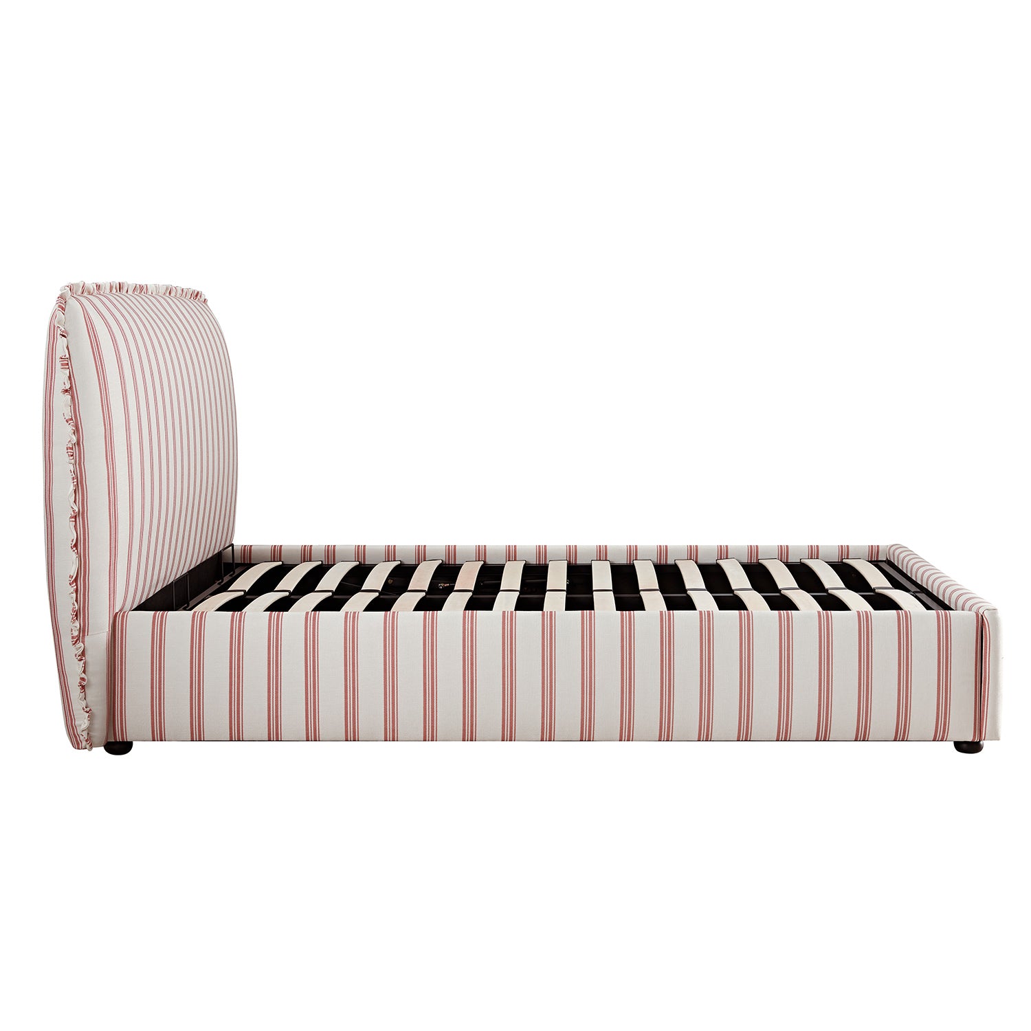 Celeste Upholstered Storage Bed with Ruffled Headboard, Peony Red Stripe