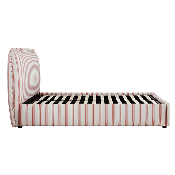 Celeste Upholstered Storage Bed with Ruffled Headboard, Peony Red Stripe - daals