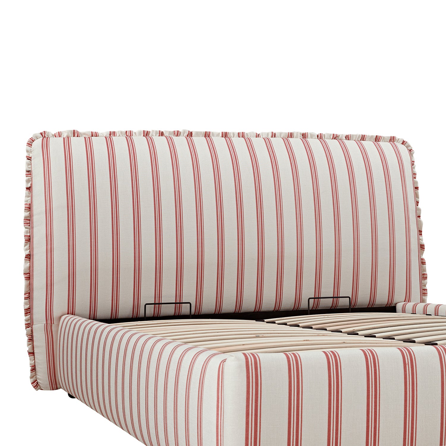 Celeste Upholstered Storage Bed with Ruffled Headboard, Peony Red Stripe