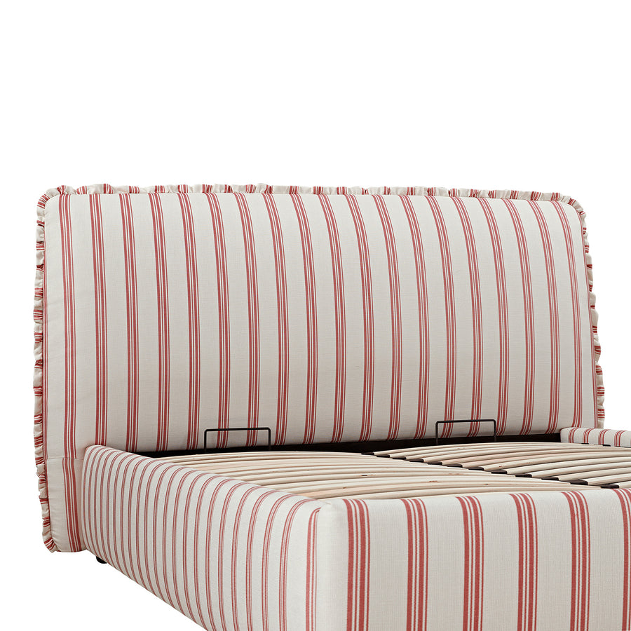 Celeste Upholstered Storage Bed with Ruffled Headboard, Peony Red Stripe