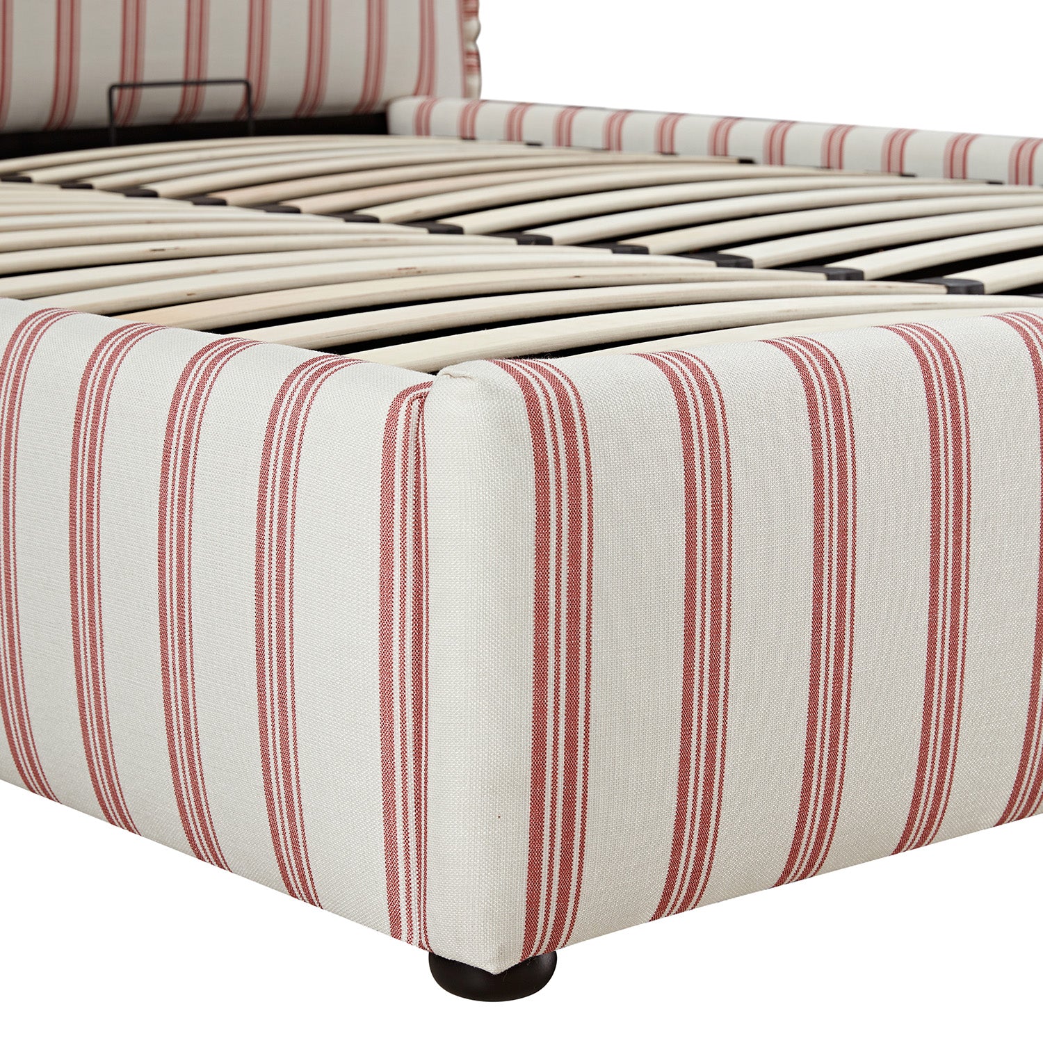 Celeste Upholstered Storage Bed with Ruffled Headboard, Peony Red Stripe