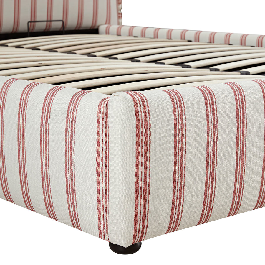 Celeste Upholstered Storage Bed with Ruffled Headboard, Peony Red Stripe