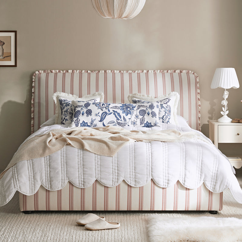 Celeste Upholstered Storage Bed with Ruffled Headboard, Peony Red Stripe - daals