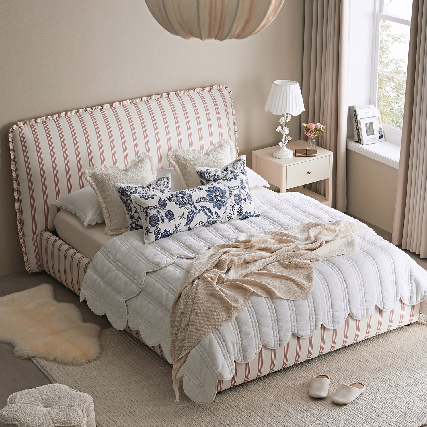 Celeste Upholstered Storage Bed with Ruffled Headboard, Peony Red Stripe