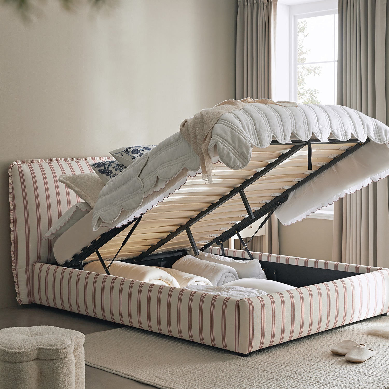 Celeste Upholstered Storage Bed with Ruffled Headboard, Peony Red Stripe