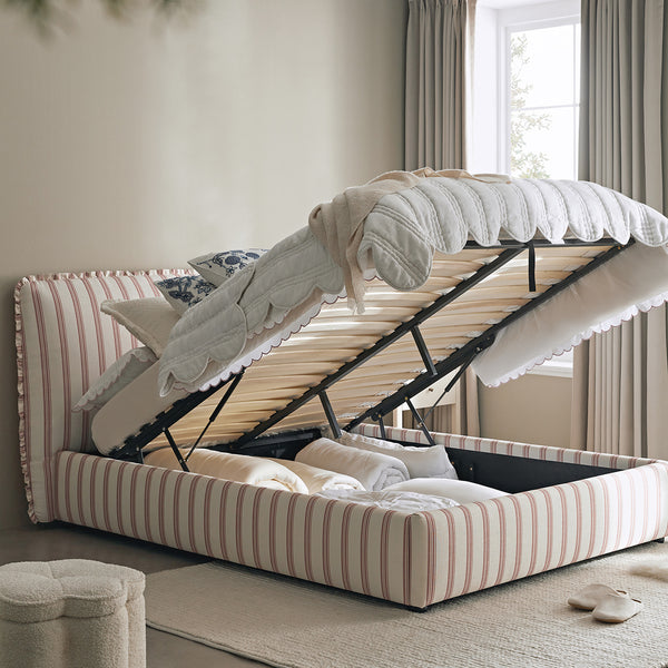 Celeste Upholstered Storage Bed with Ruffled Headboard, Peony Red Stripe - daals