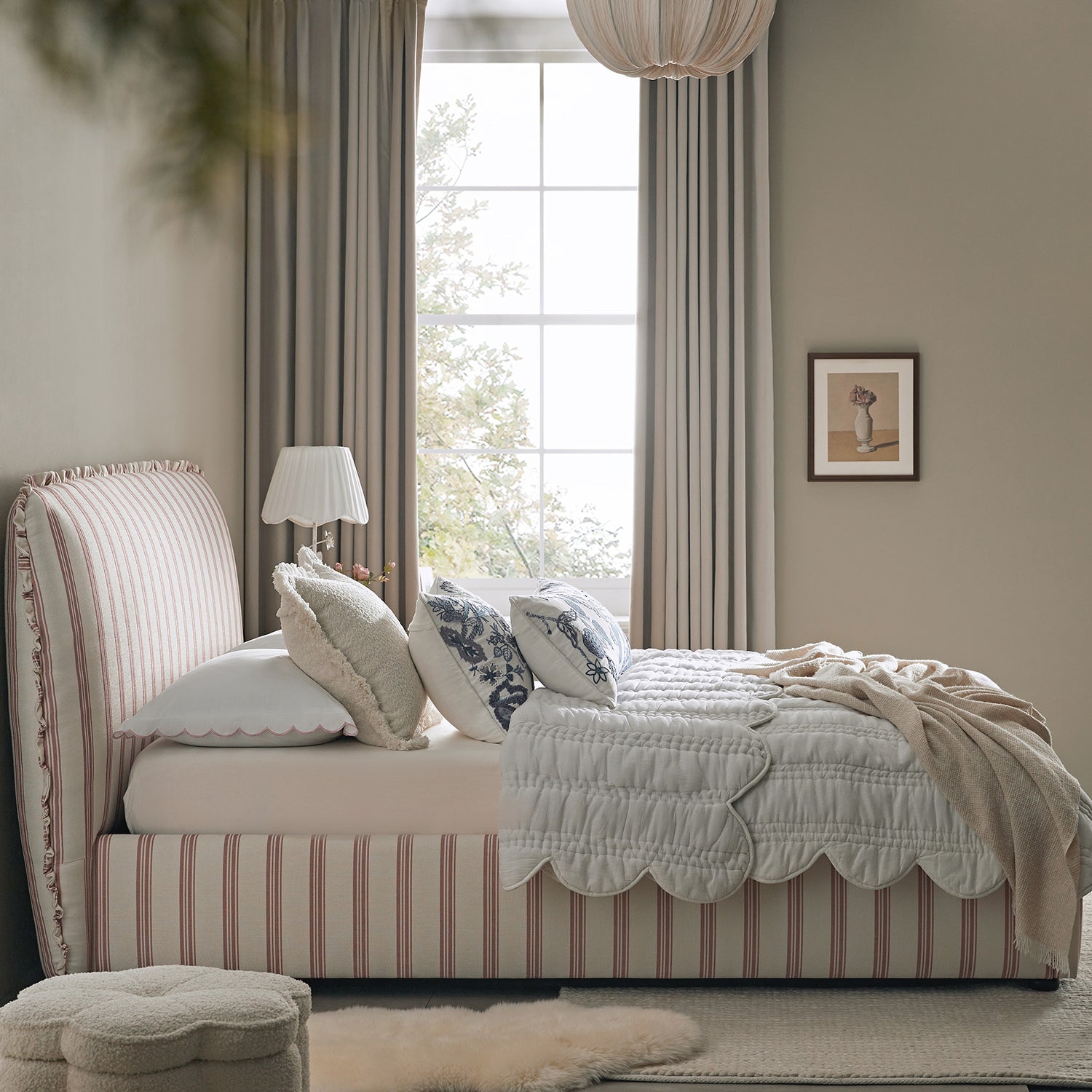 Celeste Upholstered Storage Bed with Ruffled Headboard, Peony Red Stripe