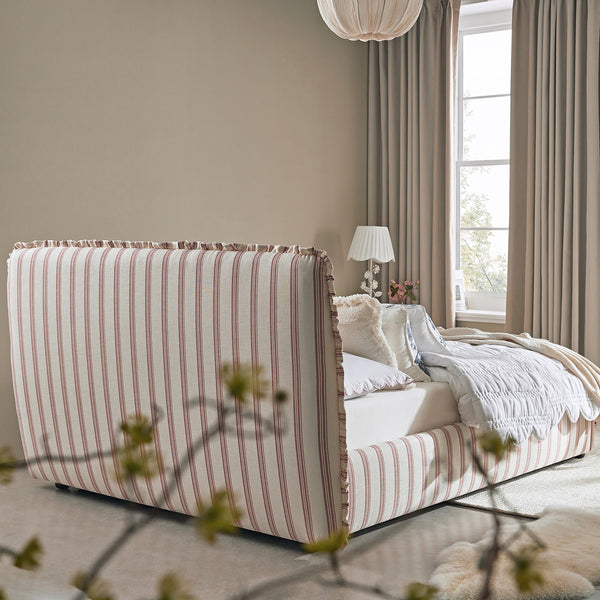 Celeste Upholstered Storage Bed with Ruffled Headboard, Peony Red Stripe - daals