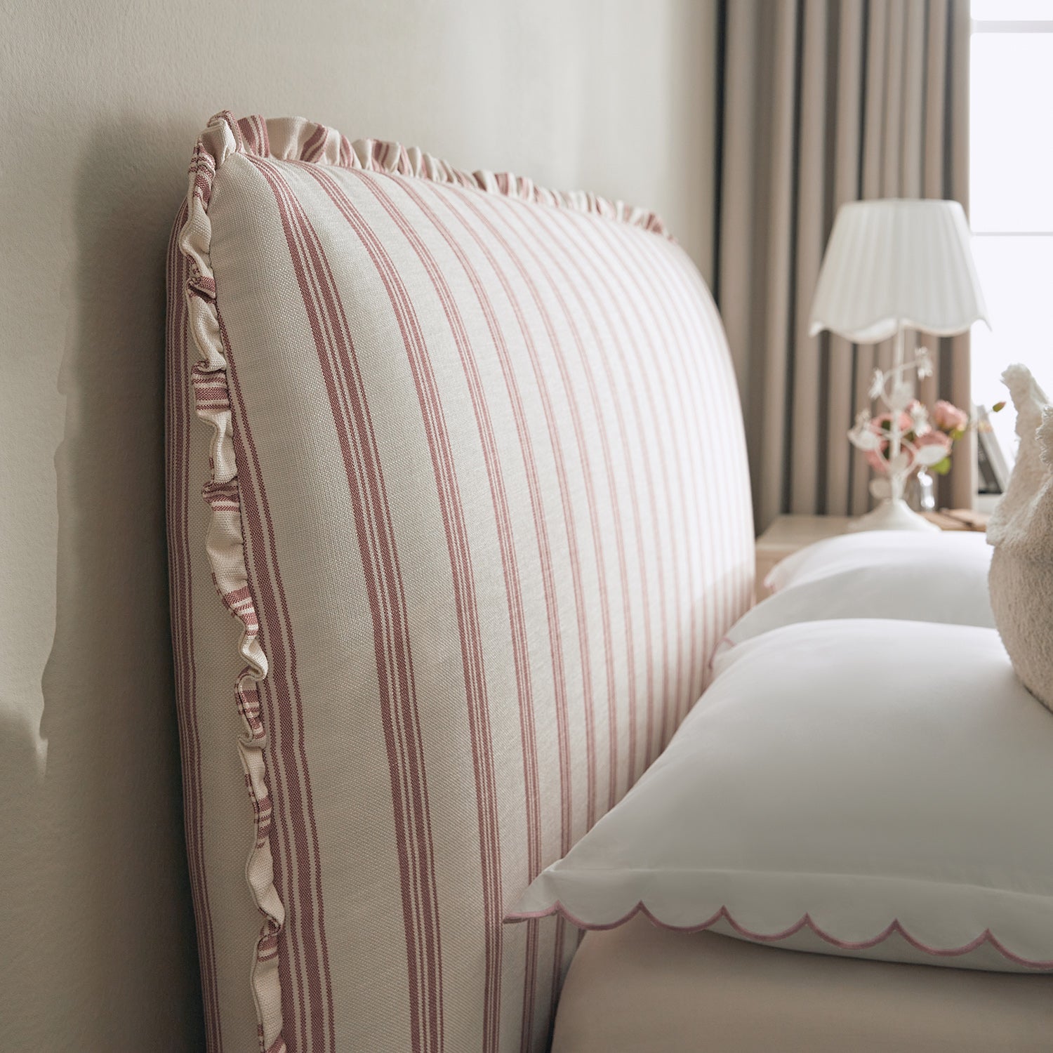 Celeste Upholstered Storage Bed with Ruffled Headboard, Peony Red Stripe