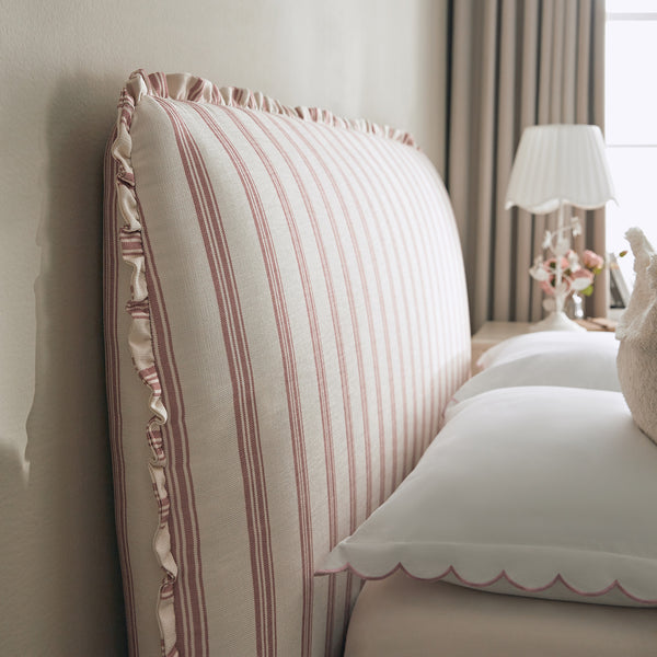 Celeste Upholstered Storage Bed with Ruffled Headboard, Peony Red Stripe - daals