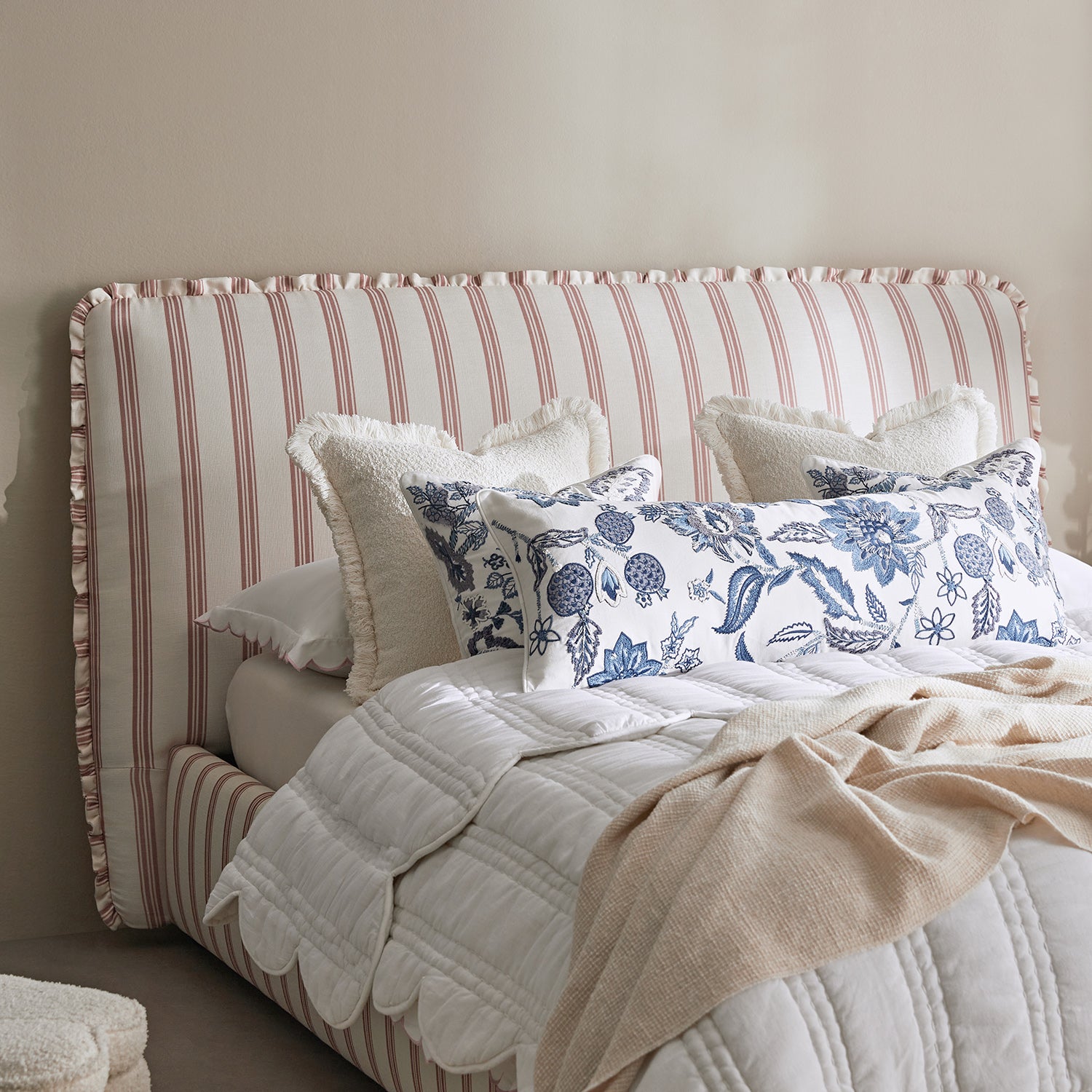 Celeste Upholstered Storage Bed with Ruffled Headboard, Peony Red Stripe