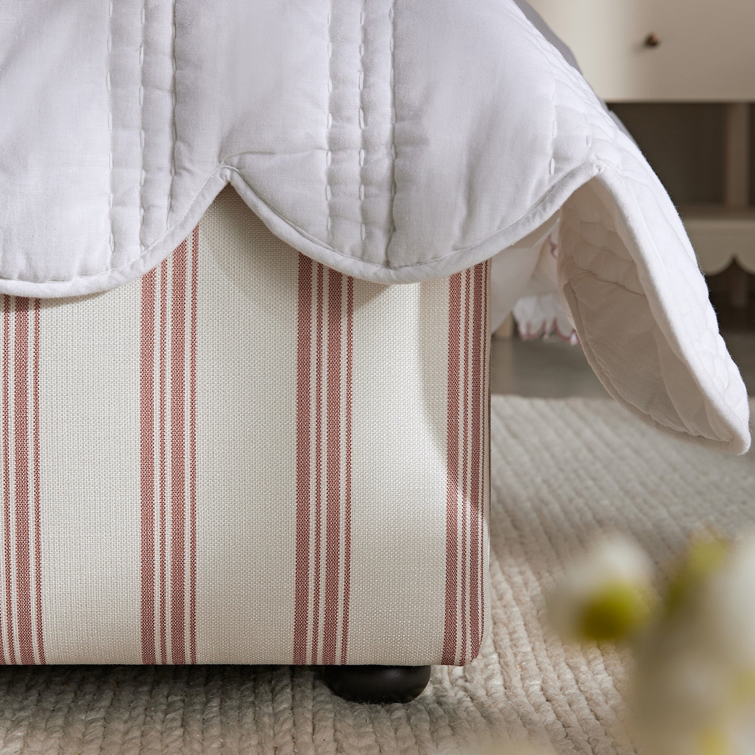 Celeste Upholstered Storage Bed with Ruffled Headboard, Peony Red Stripe