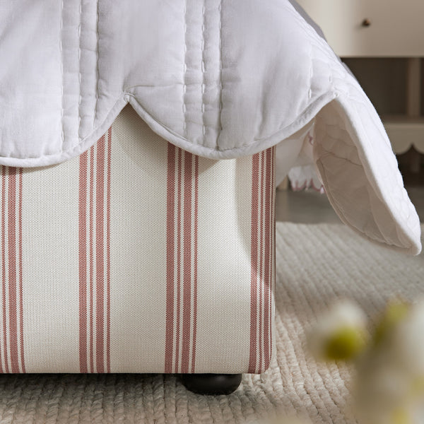 Celeste Upholstered Storage Bed with Ruffled Headboard, Peony Red Stripe - daals