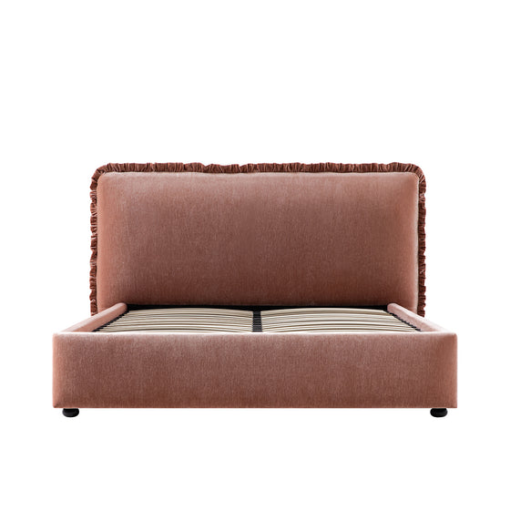 Celeste Upholstered Storage Bed with Ruffled Headboard, Antique Rose Chenille