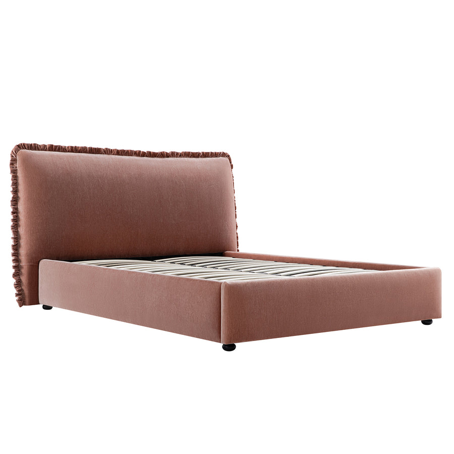 Celeste Upholstered Storage Bed with Ruffled Headboard, Antique Rose Chenille