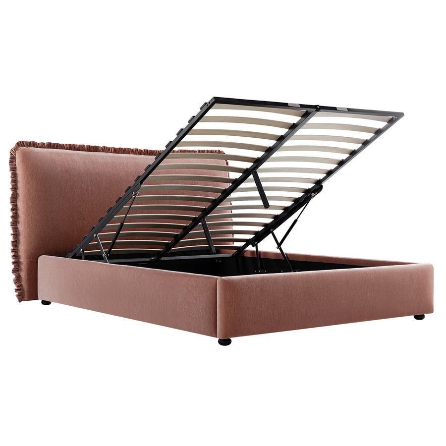 Celeste Upholstered Storage Bed with Ruffled Headboard, Antique Rose Chenille