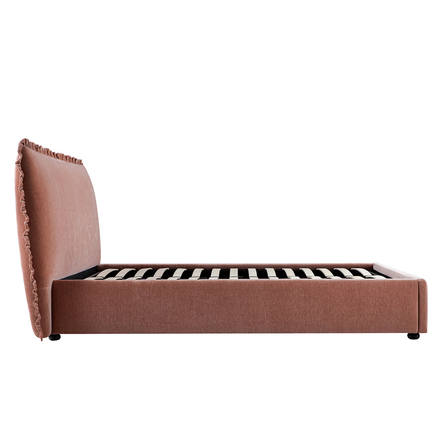 Celeste Upholstered Storage Bed with Ruffled Headboard, Antique Rose Chenille
