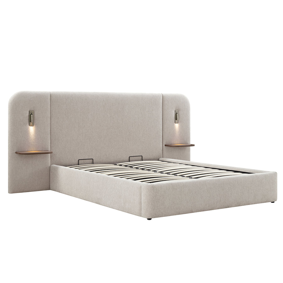 Della Extended Headboard Storage Bed, Soft Beige Chenille