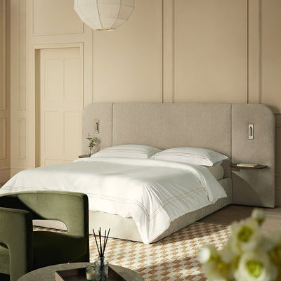 Della Extended Headboard Storage Bed, Soft Beige Chenille