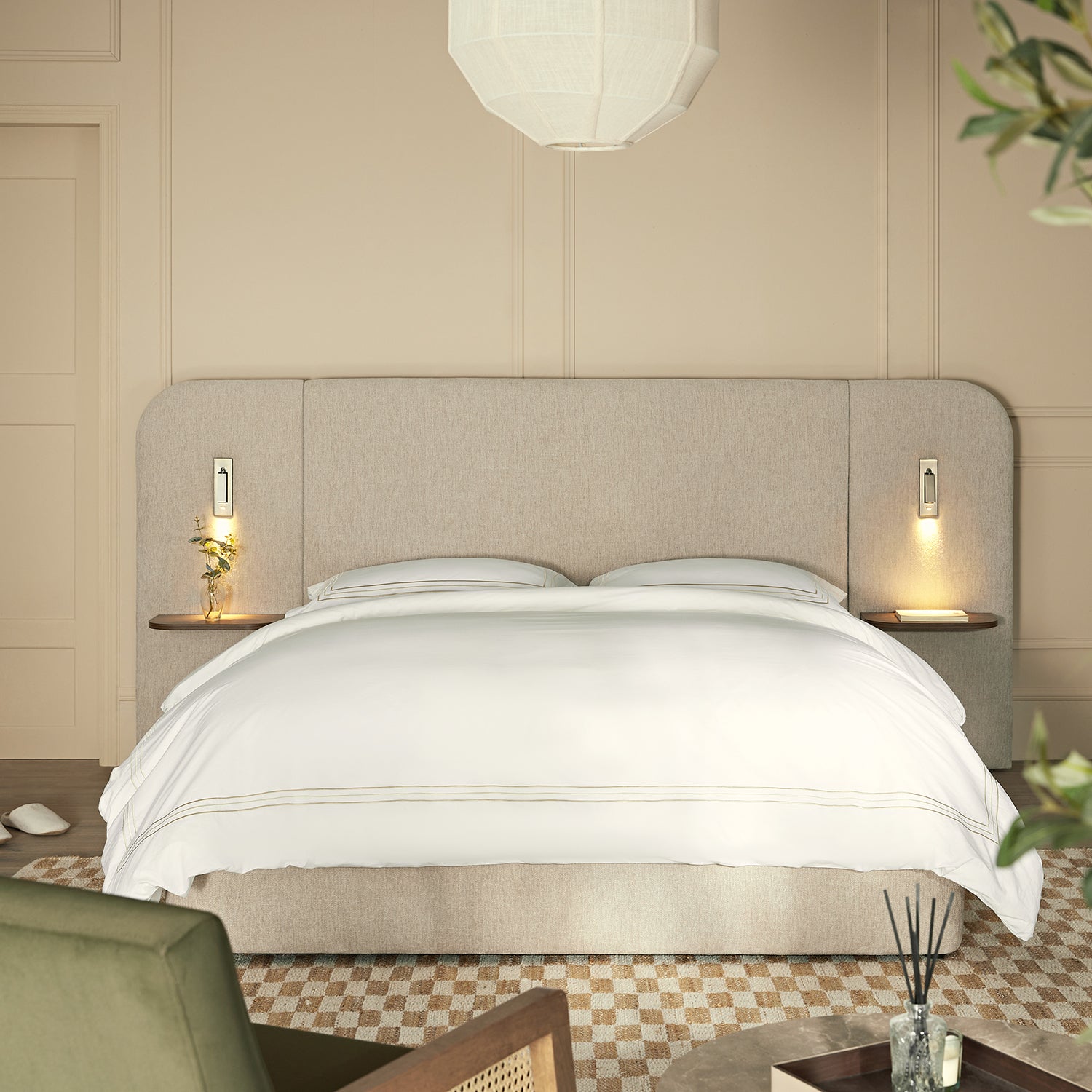 Della Extended Headboard Storage Bed, Soft Beige Chenille