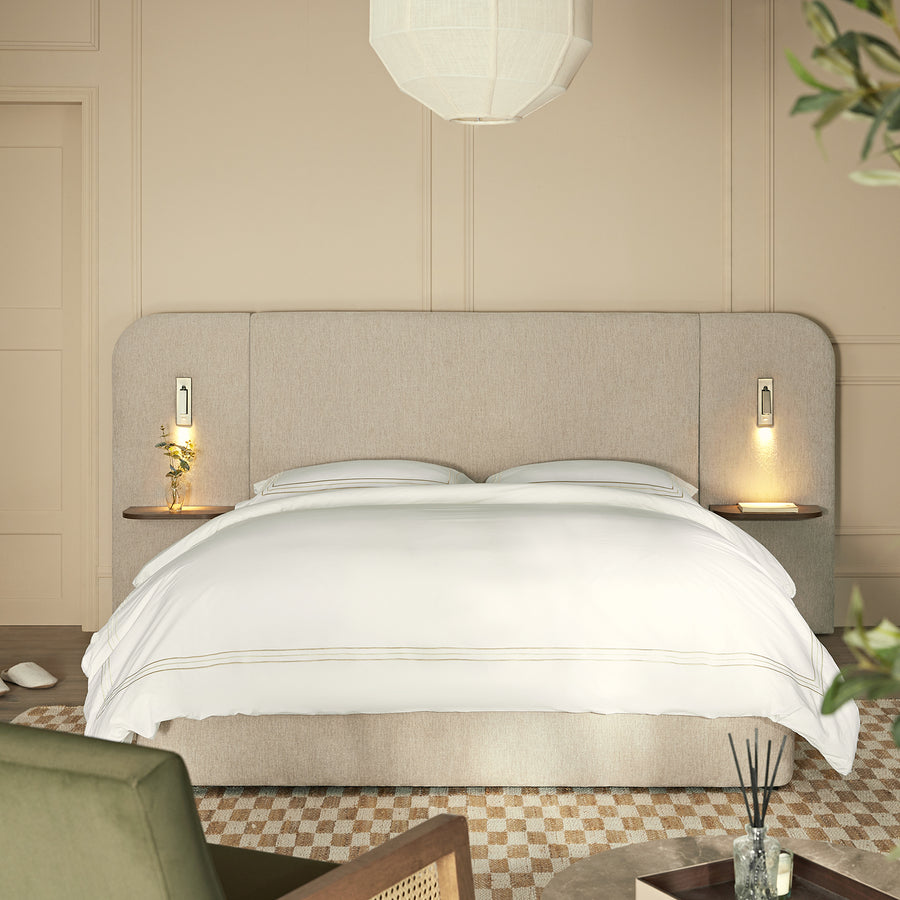 Della Extended Headboard Storage Bed, Soft Beige Chenille