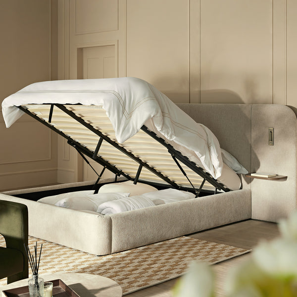 Della Extended Headboard Storage Bed, Soft Beige Chenille - daals