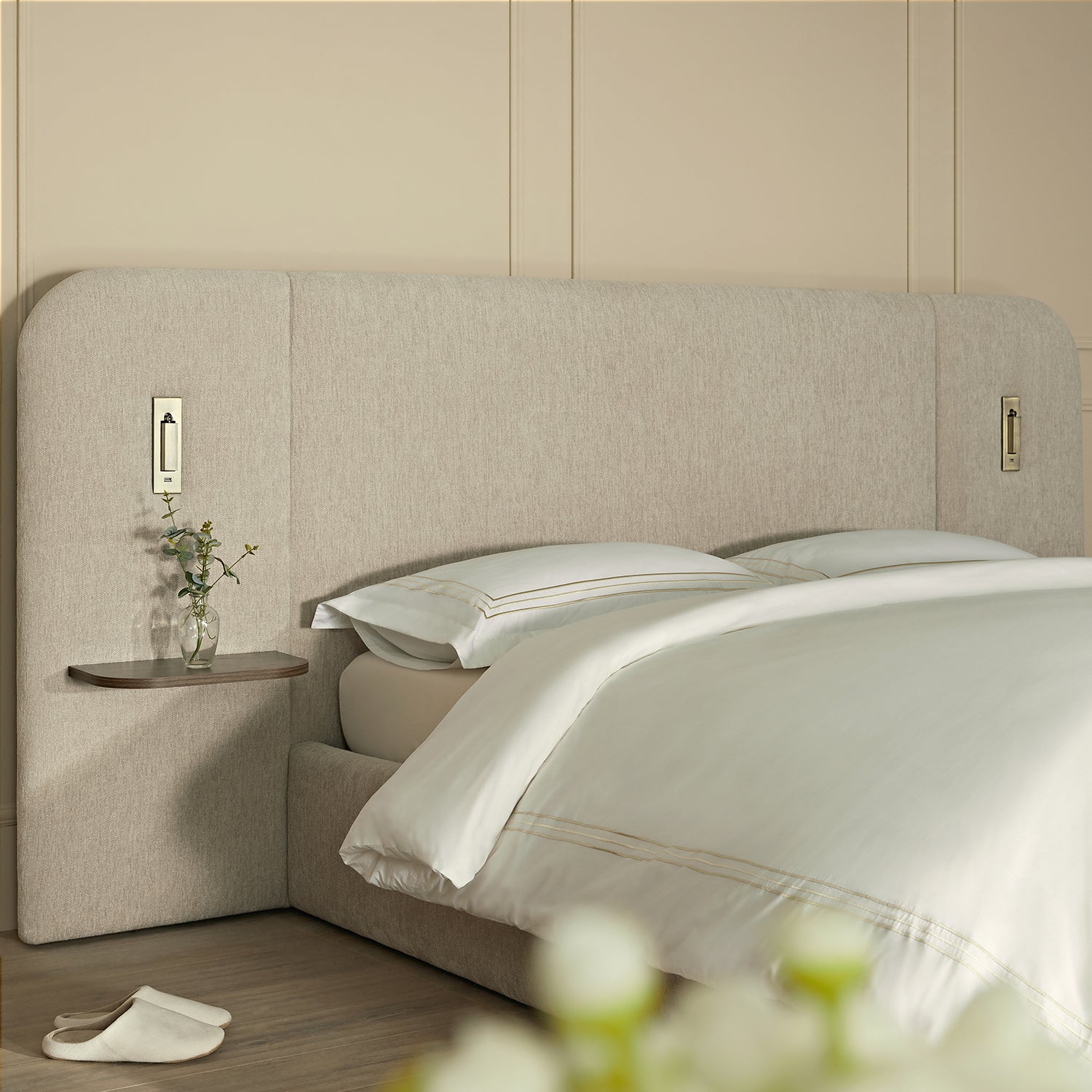 Della Extended Headboard Storage Bed, Soft Beige Chenille