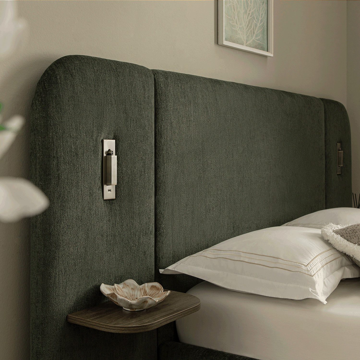 Della Extended Headboard Storage Bed, Moss Green Chenille