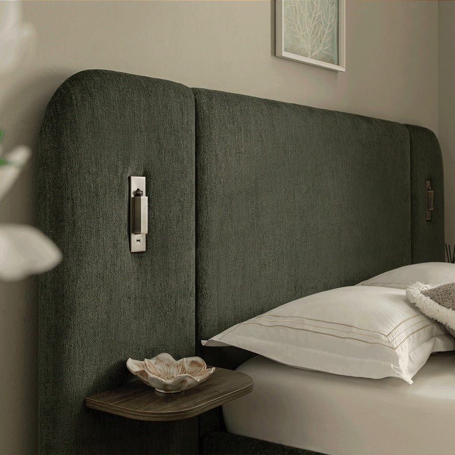 Della Extended Headboard Storage Bed, Moss Green Chenille