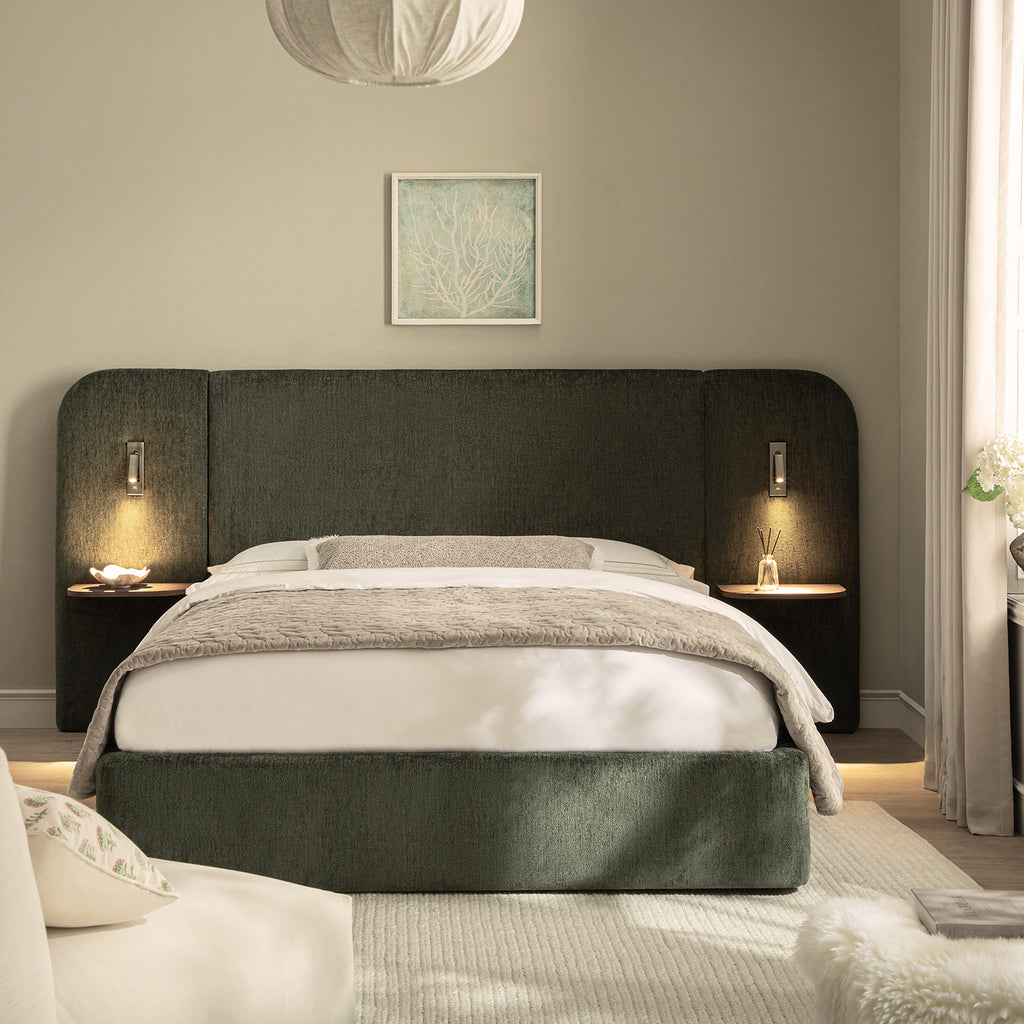 Della Extended Headboard Storage Bed, Moss Green Chenille | daals