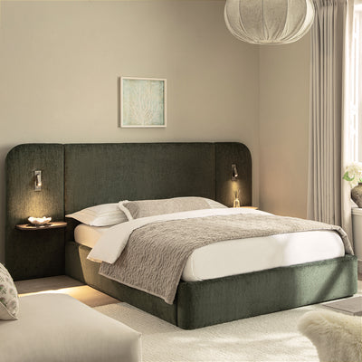Della Extended Headboard Storage Bed, Moss Green Chenille