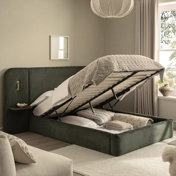 Della Extended Headboard Storage Bed, Moss Green Chenille - daals