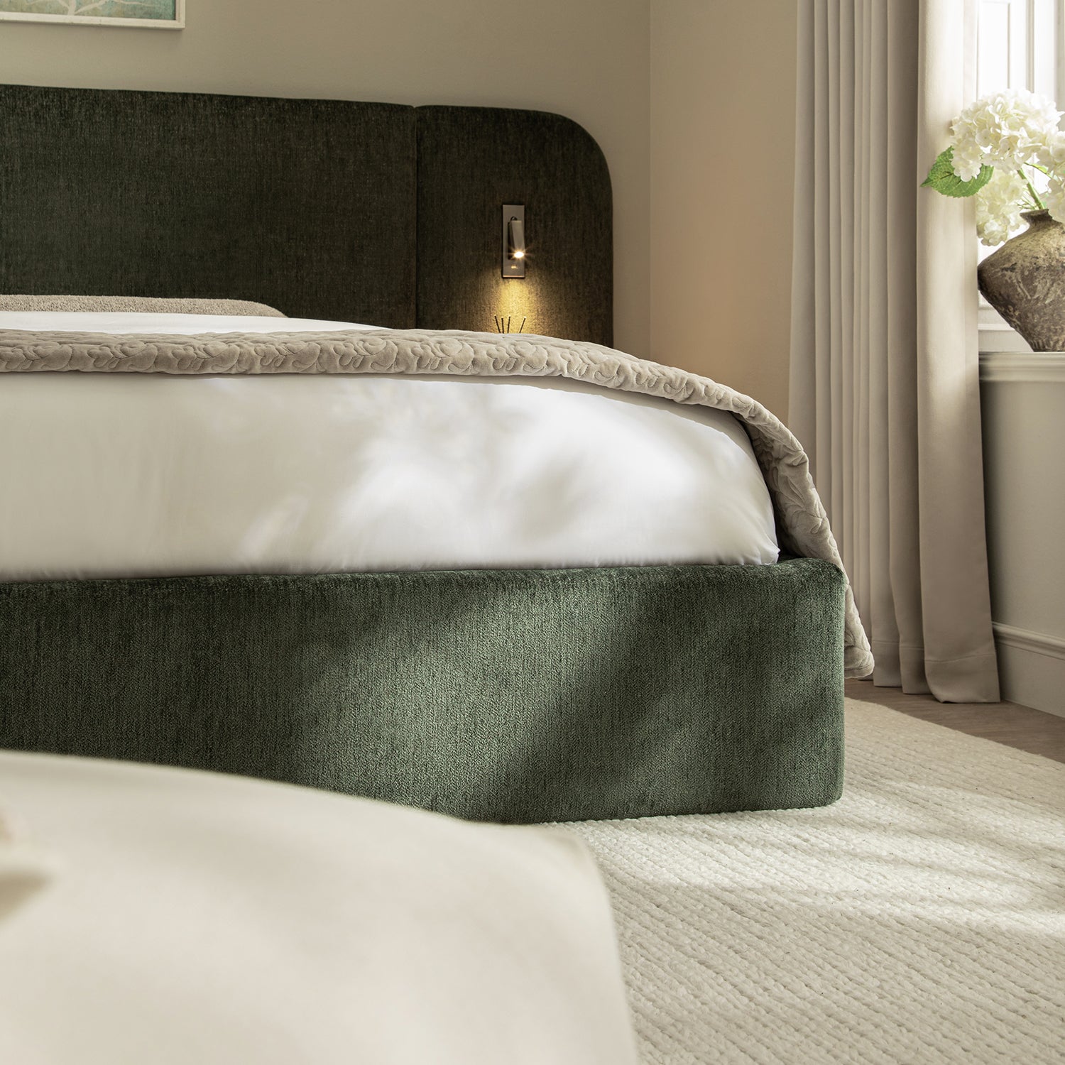 Della Extended Headboard Storage Bed, Moss Green Chenille
