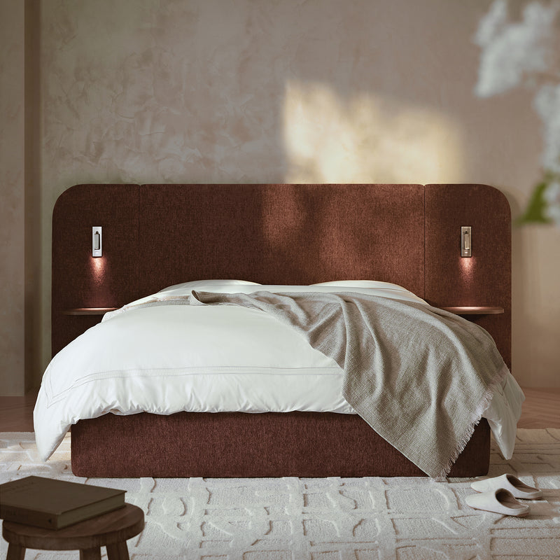 Della Extended Headboard Storage Bed, Burnt Brick Chenille - daals