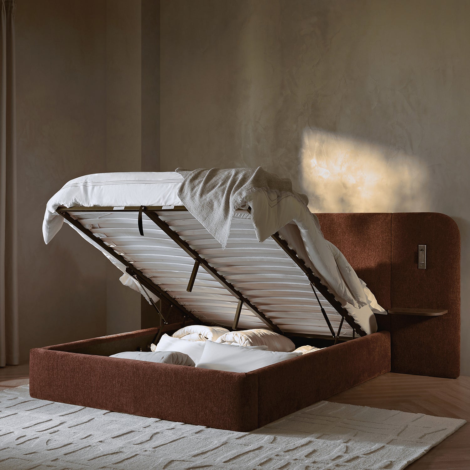 Della Extended Headboard Storage Bed, Burnt Brick Chenille