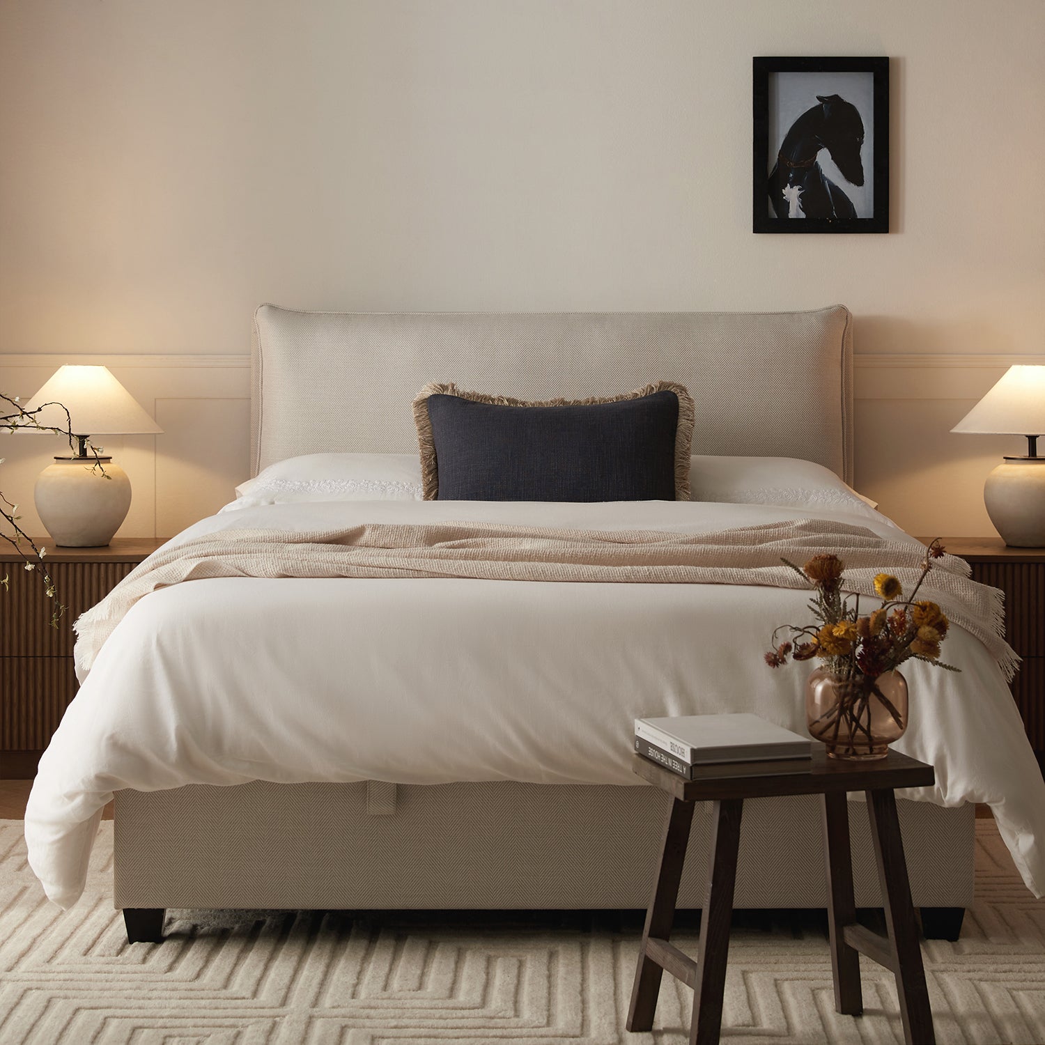 Kricia Upholstered Storage Bed with Pillow Headboard, Oatmeal Chevron