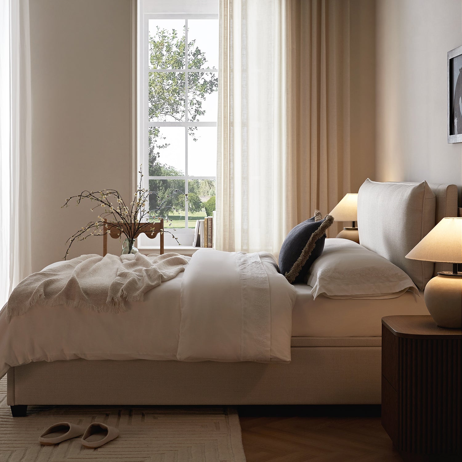 Kricia Upholstered Storage Bed with Pillow Headboard, Oatmeal Chevron