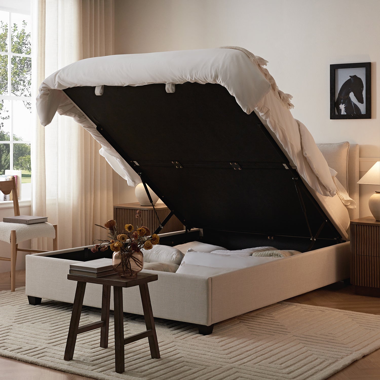 Kricia Upholstered Storage Bed with Pillow Headboard, Oatmeal Chevron