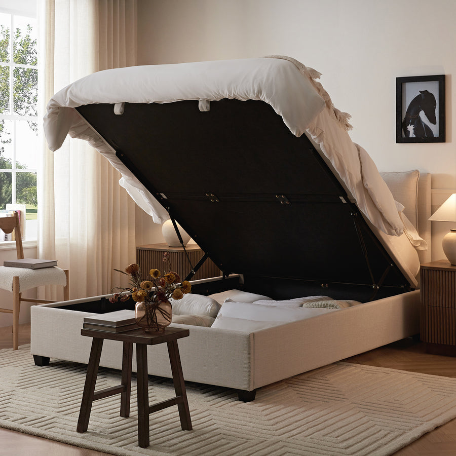 Kricia Upholstered Storage Bed with Pillow Headboard, Oatmeal Chevron