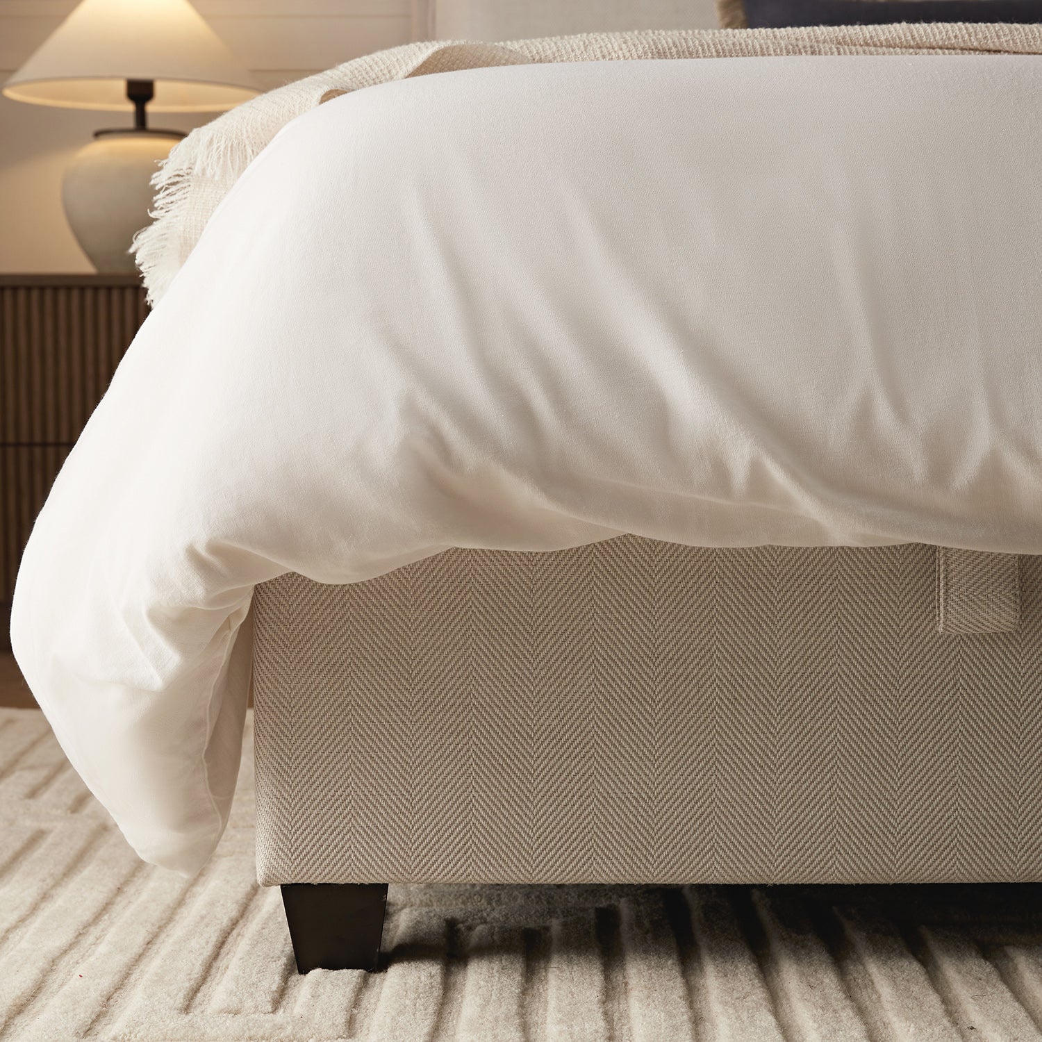 Kricia Upholstered Storage Bed with Pillow Headboard, Oatmeal Chevron