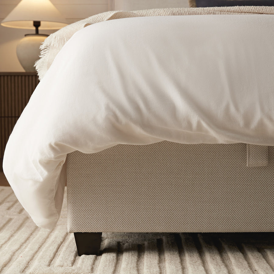 Kricia Upholstered Storage Bed with Pillow Headboard, Oatmeal Chevron