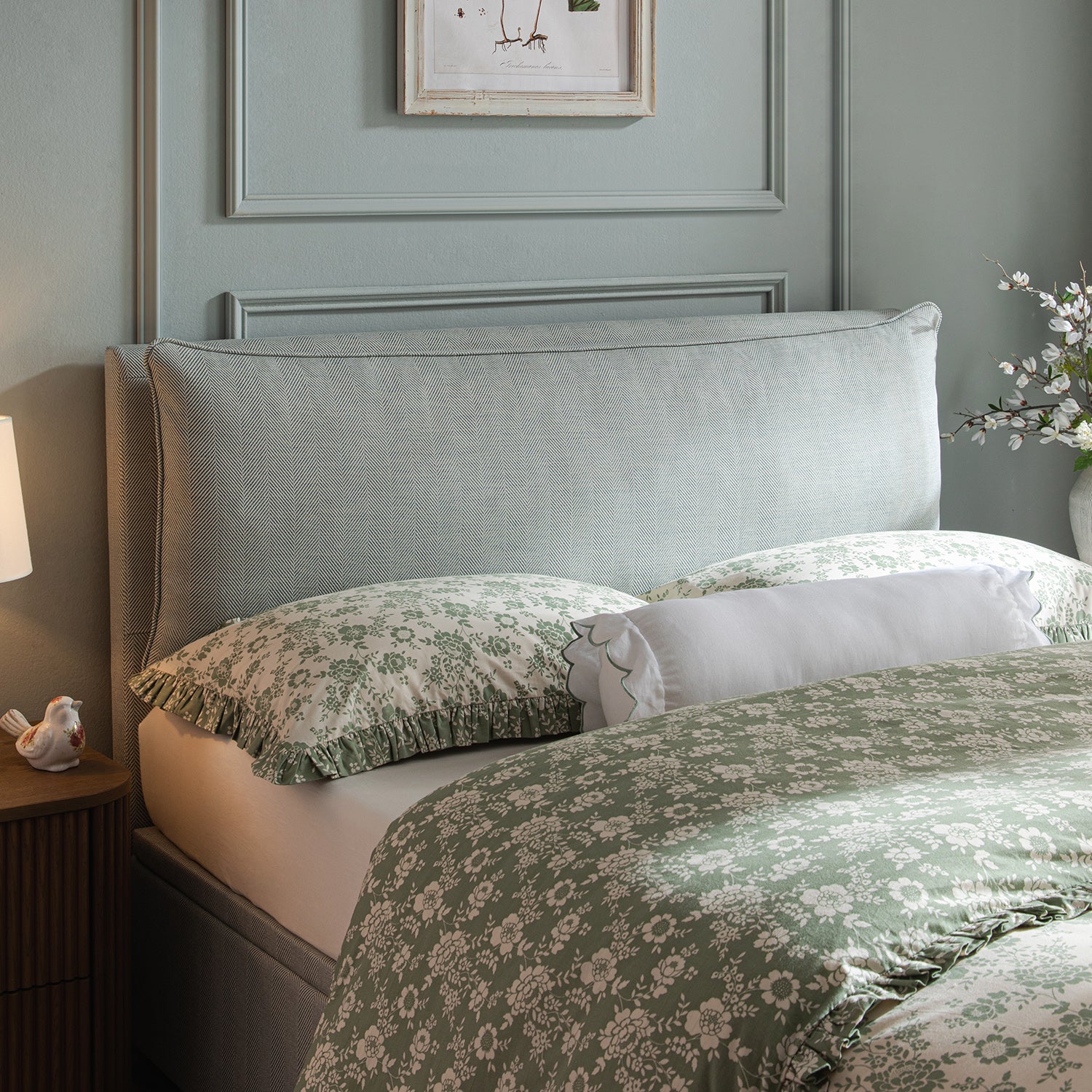 Kricia Upholstered Storage Bed with Pillow Headboard, Slate Blue Chevron