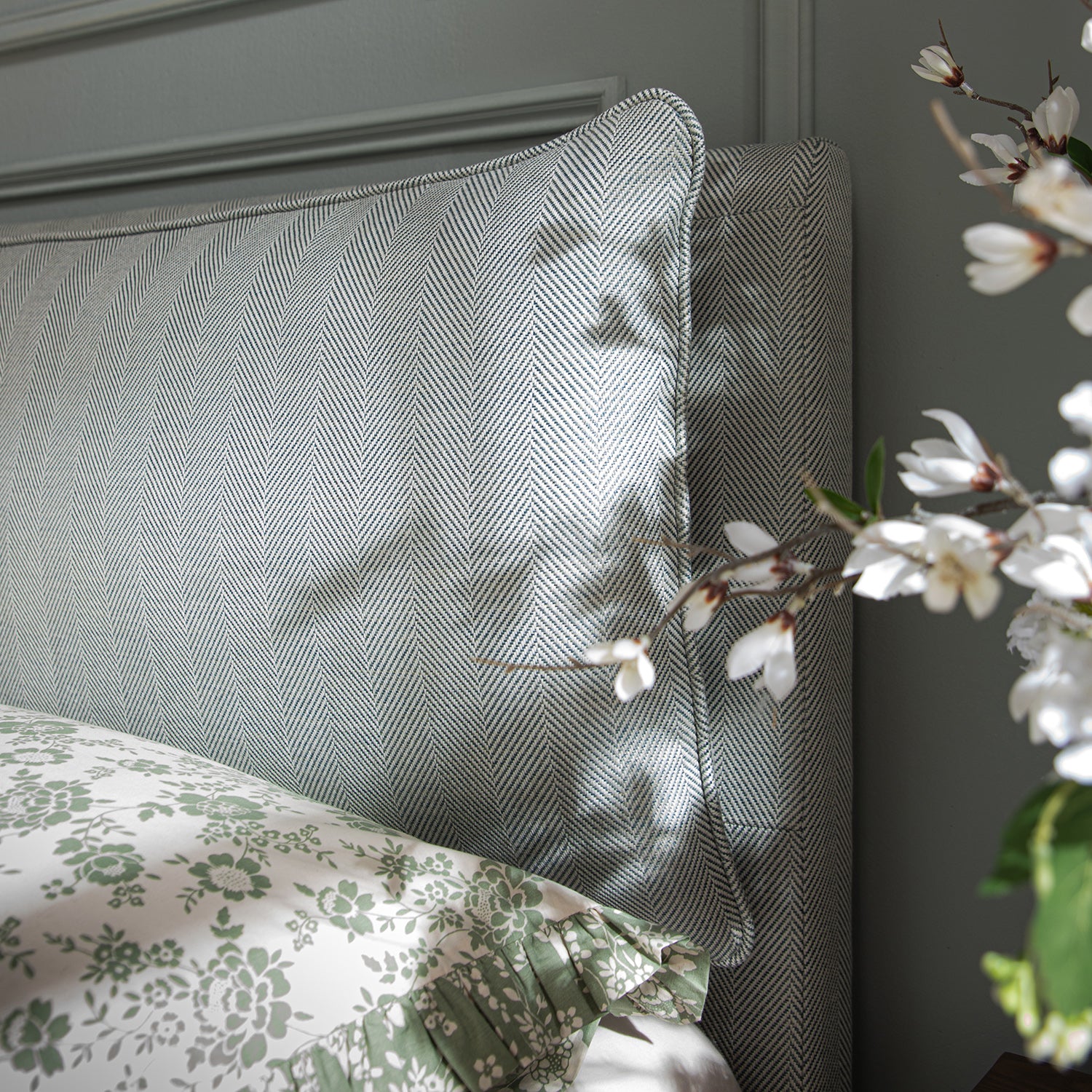 Kricia Upholstered Storage Bed with Pillow Headboard, Slate Blue Chevron