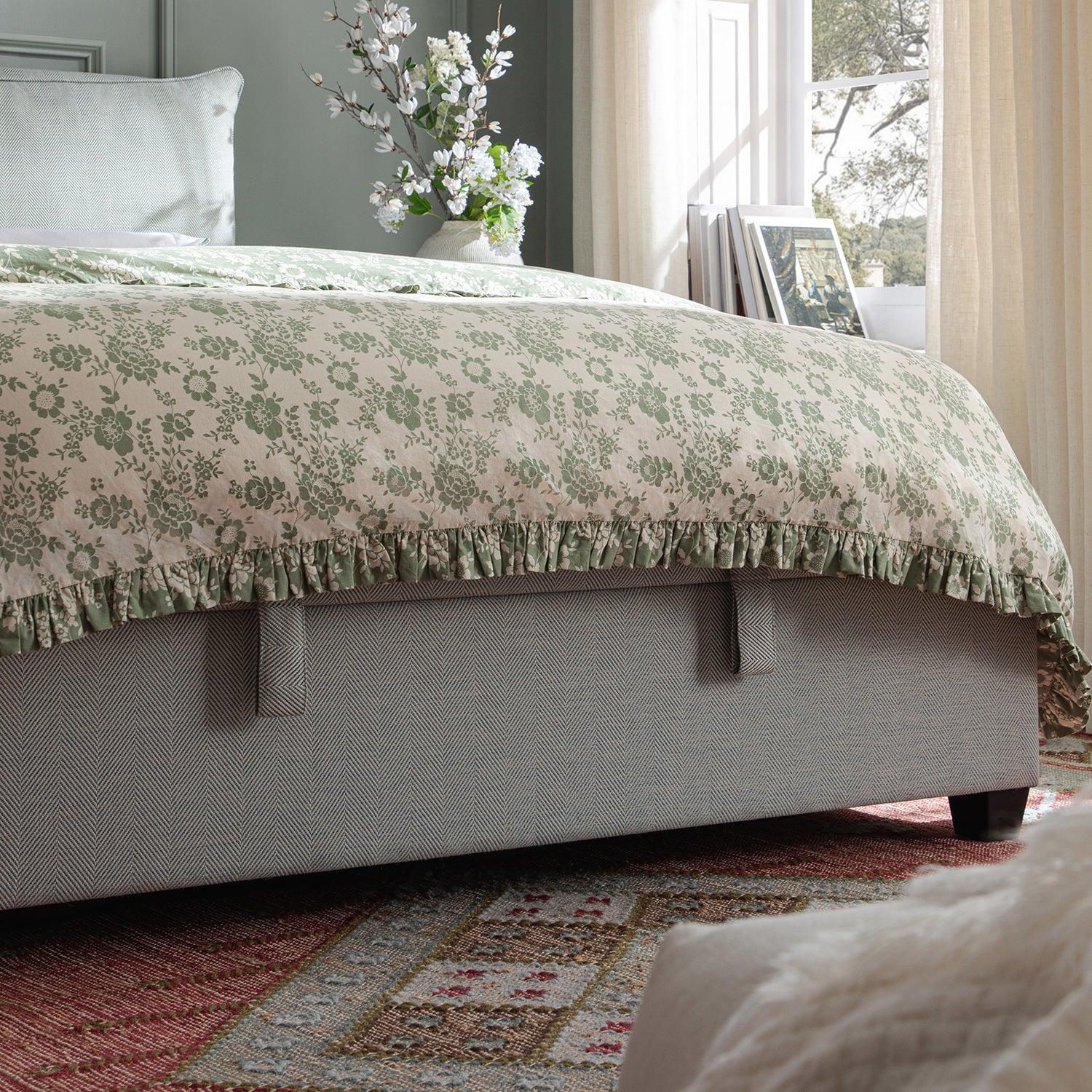 Kricia Upholstered Storage Bed with Pillow Headboard, Slate Blue Chevron