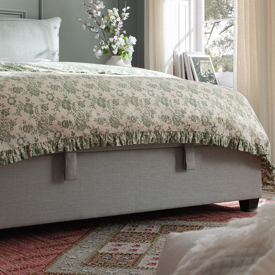 Kricia Upholstered Storage Bed with Pillow Headboard, Slate Blue Chevron