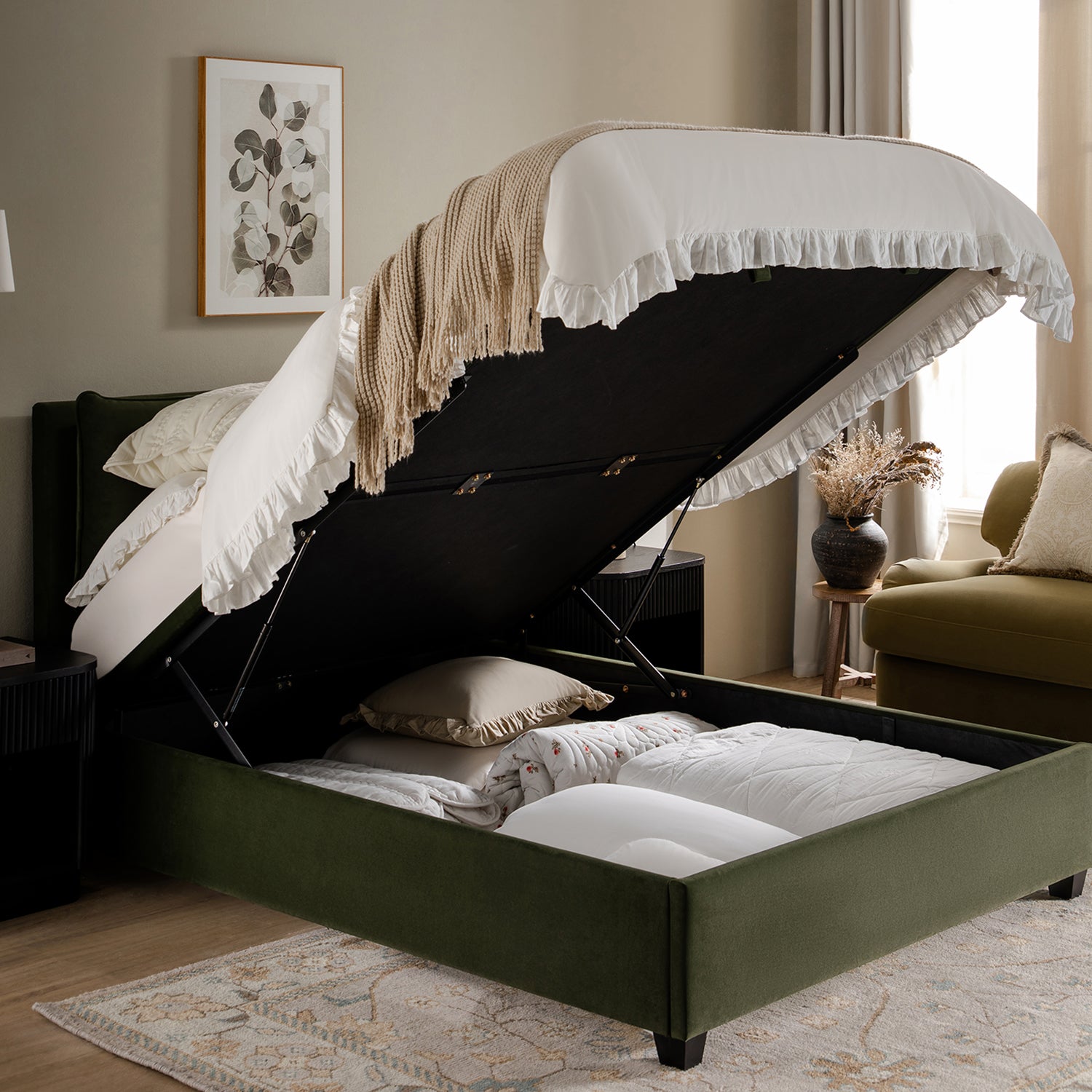Kricia Upholstered Storage Bed with Pillow Headboard, Moss Green Velvet
