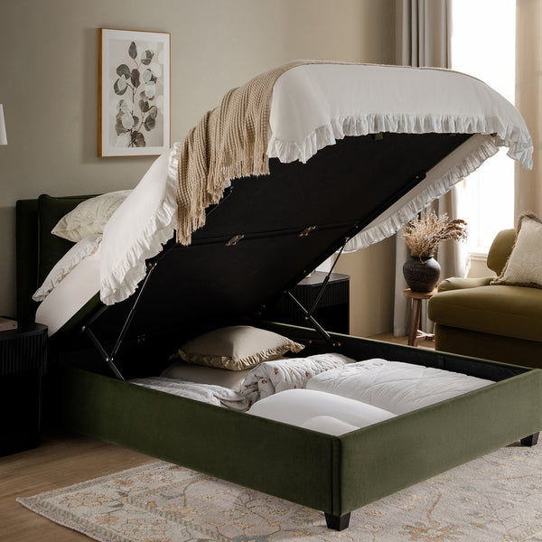 Kricia Upholstered Storage Bed with Pillow Headboard, Moss Green Velvet - daals
