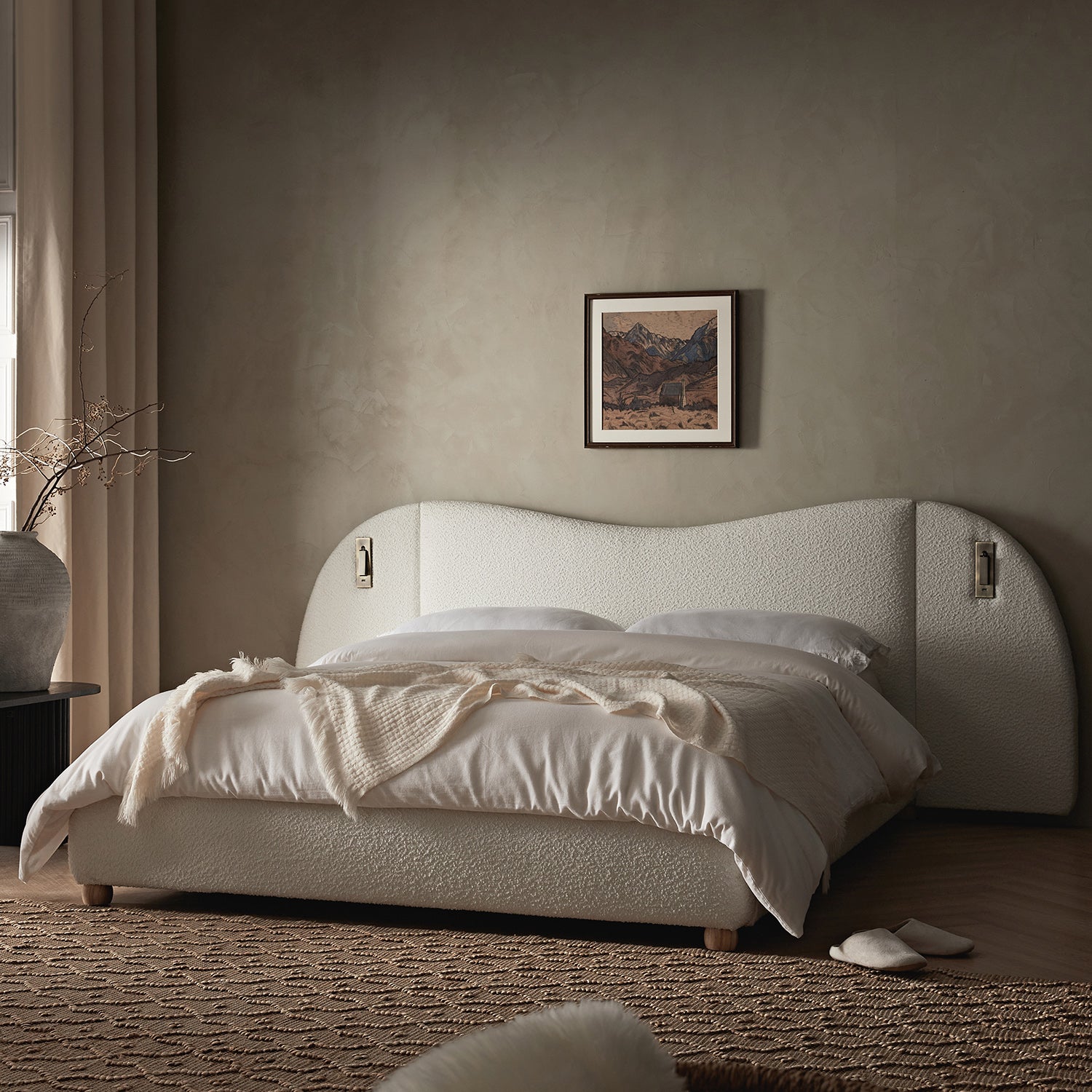 Egerie Extended Headboard Ottoman Storage Bed, Beige Boucle