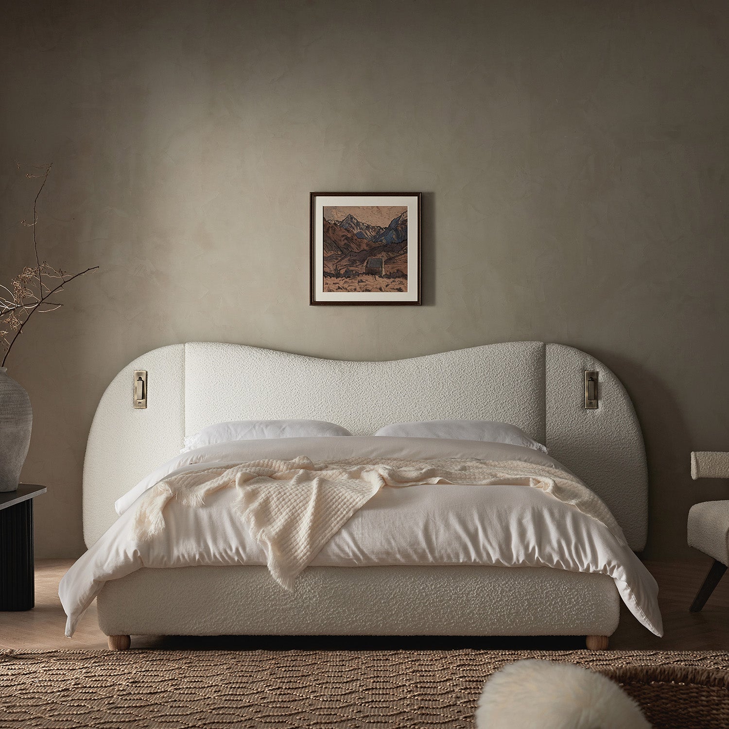 Egerie Extended Headboard Ottoman Storage Bed, Beige Boucle